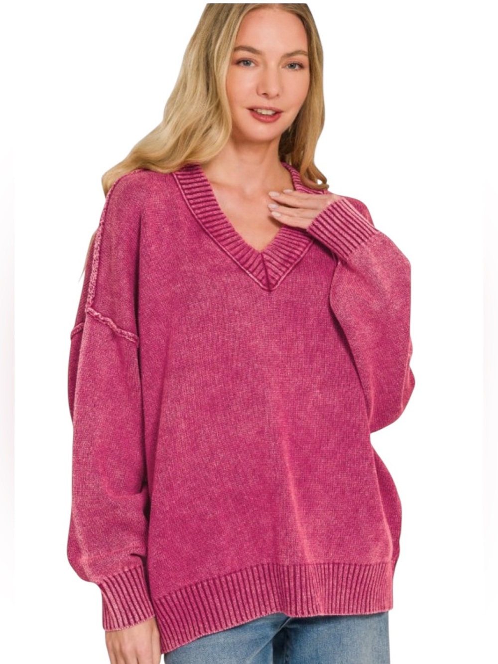 Zenana Cabernet Cotton V Neck Long Sleeve Top